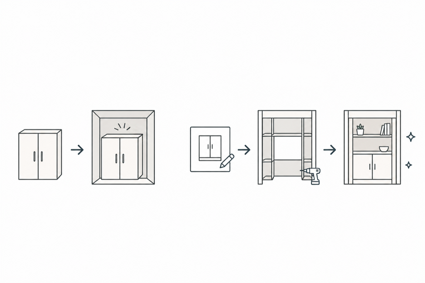 Line illustration showing fit-in products becoming a built-in interior