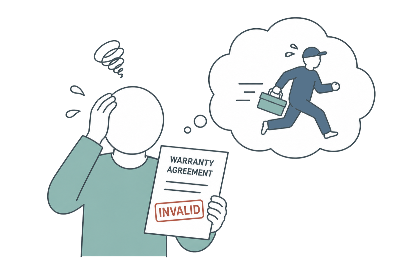 Line illustration of a warranty document marked invalid