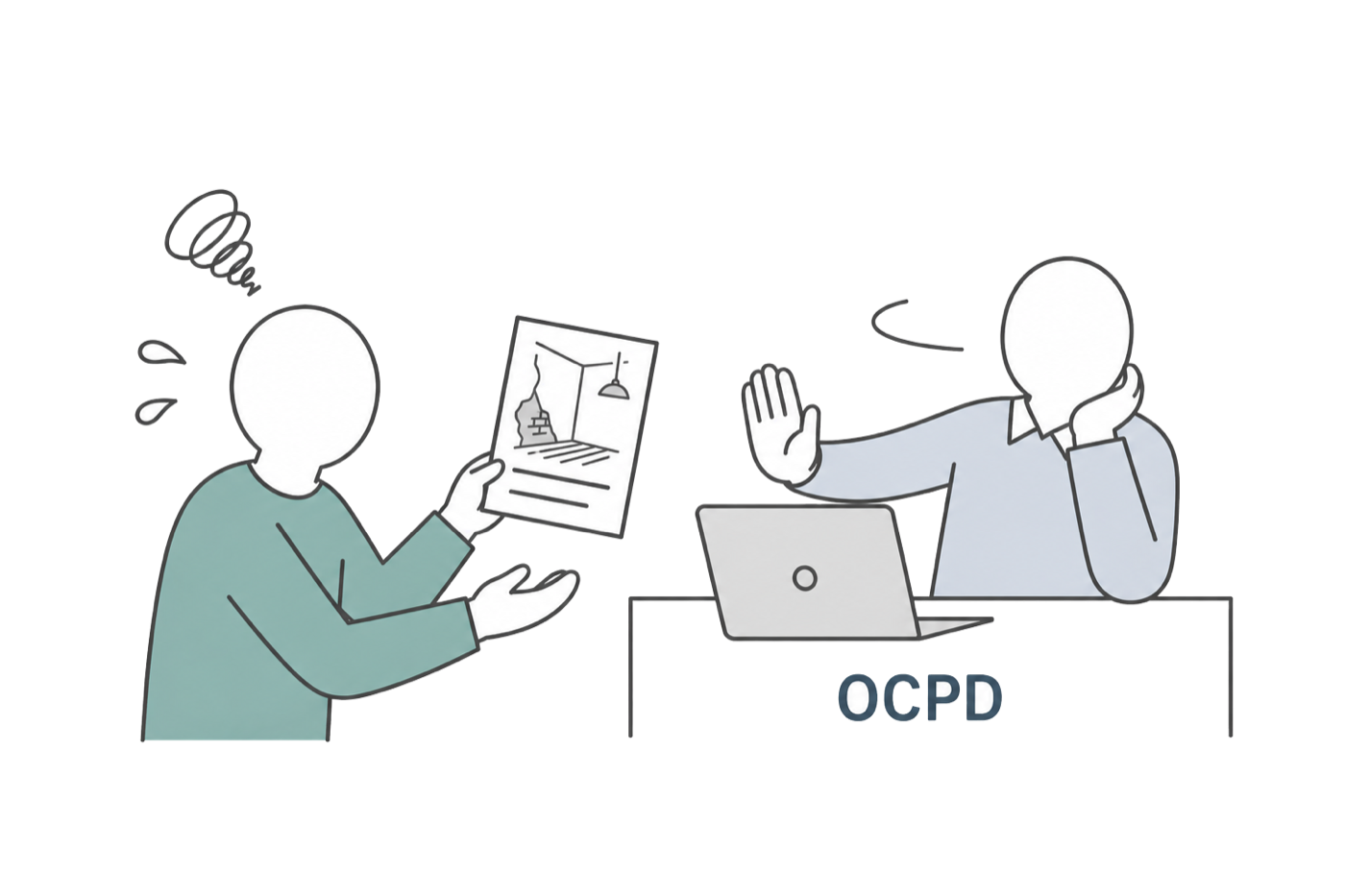 Line illustration of a consumer trying to raise a complaint