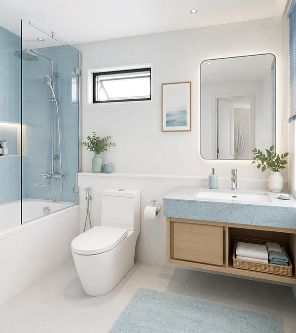 Complete bathroom renovation with shower, toilet, and vanity
